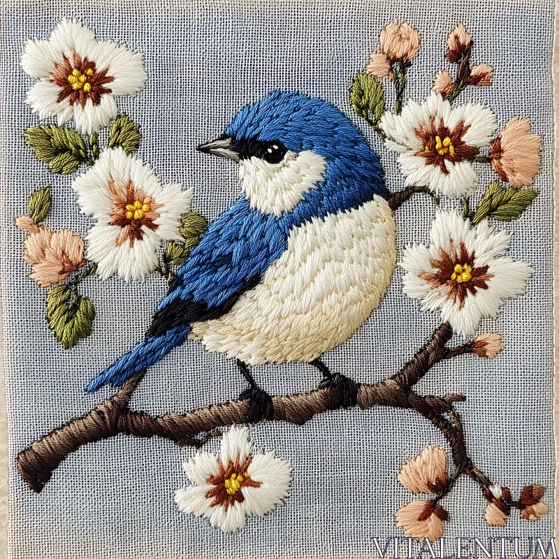 Blue Bird on Blossoms Embroidery Art AI Image