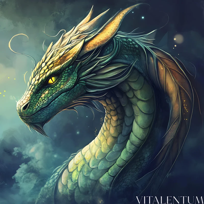 AI ART Green and Gold Dragon Illustration