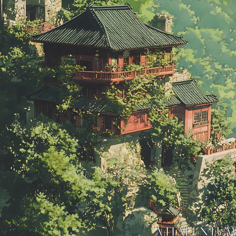 Traditional Building Among Greenery AI Image