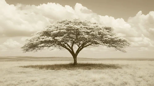Lone Tree Amidst Open Field with Cloudy Sky