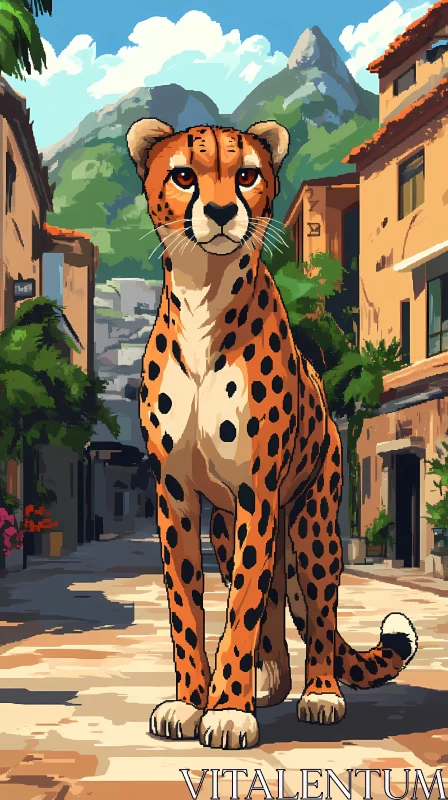 Cheetah in Mountainous Town AI Image