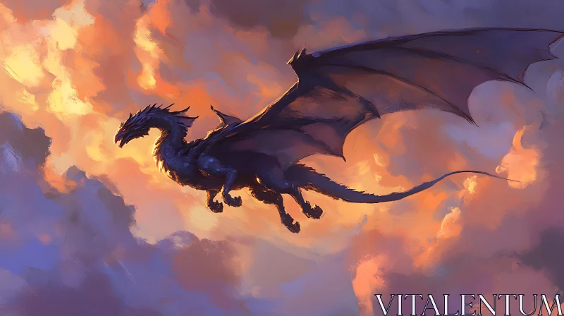 Fantasy Dragon Soaring in Sunset Clouds AI Image