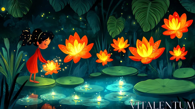 Girl and the Glowing Lotus Flowers AI Image