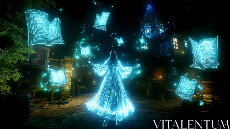 Mystical Glowing Books and Woman AI Image