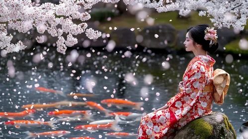 Tranquil Kimono-Clad Woman with Cherry Blossoms and Koi Fish