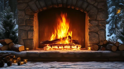 Warmth of a Stone Hearth Fireplace in Winter