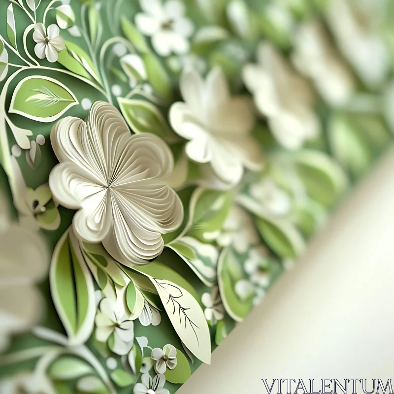 AI ART Floral Paper Art in Green and White