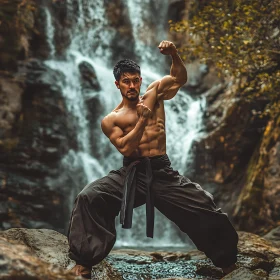 Man Practicing Martial Arts Waterfall