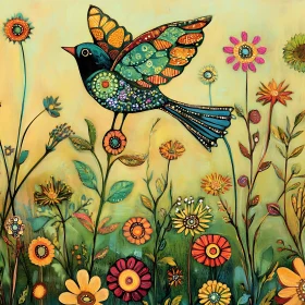 Whimsical Bird Over Floral Meadow