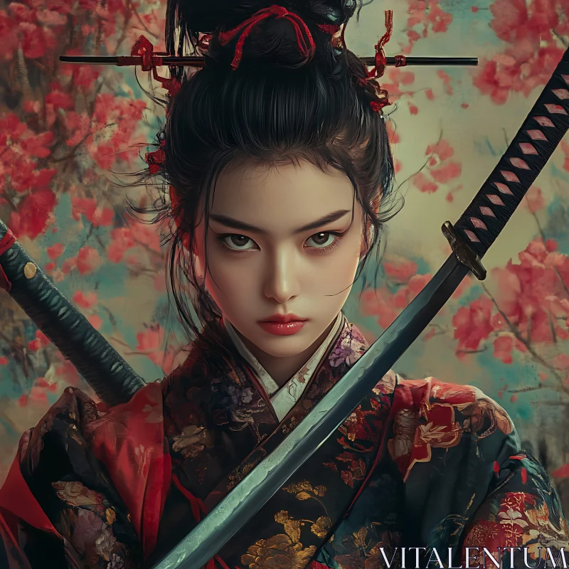 AI ART Warrior Woman in Traditional Samurai Outfit