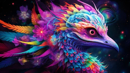 Abstract Colorful Bird Illustration with Psychedelic Landscape Elements