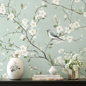 Serene Interior Decor with Floral and Bird Motif