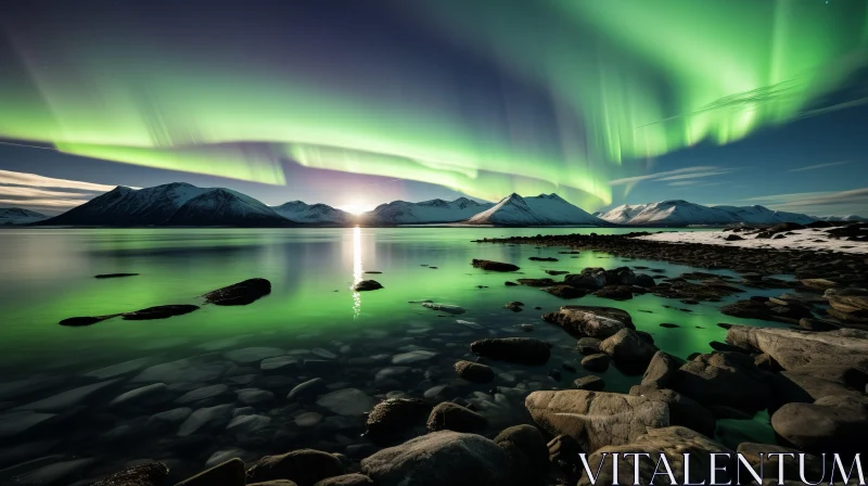 Aurora Borealis Over Mountains and Lake - A Transcendent Display of Nature AI Image