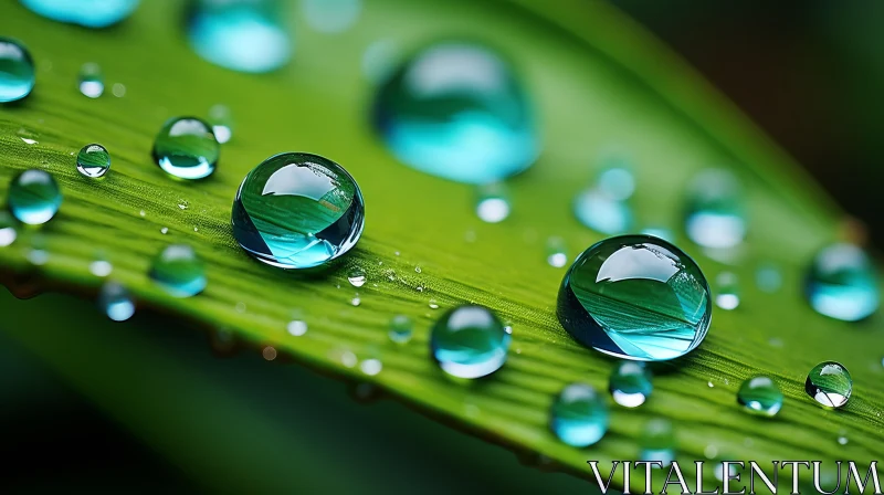 Azure Rain Droplets on Emerald Leaf - Echo of Nature AI Image