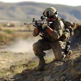 Military Marksman in Arid Landscape