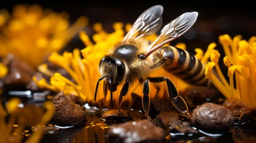Bee on Yellow Flowers - A Detailed Amber-Toned Portrait