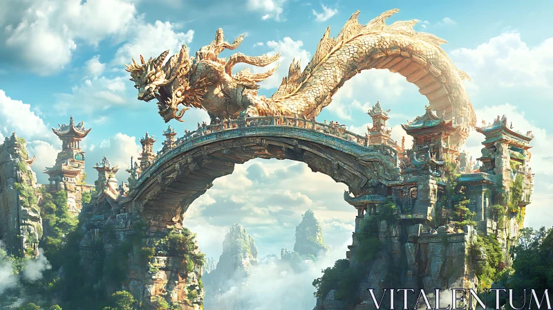 Golden Dragon Over Ancient Bridge AI Image