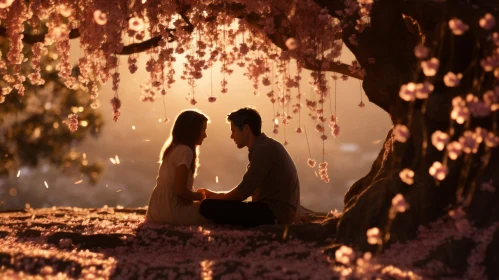 Candid Love Imagery: Couple under Cherry Blossom Tree