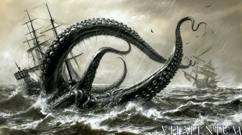 Captivating Digital Painting: Giant Octopus Attacks Ships in Stormy Sea AI Image