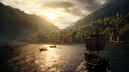 Captivating Mountain Range and Boats: Romantic Unreal Engine Art