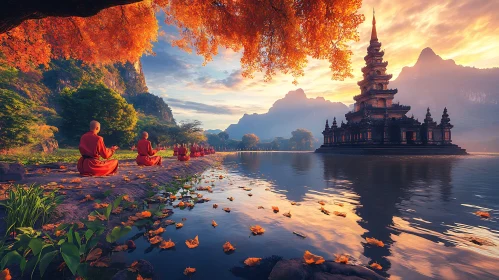 Monks Meditating near Lake Pagoda at Sunset