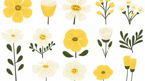 Charming Yellow and White Flower Vector Design - Textural Prints and Minimalist Sketches