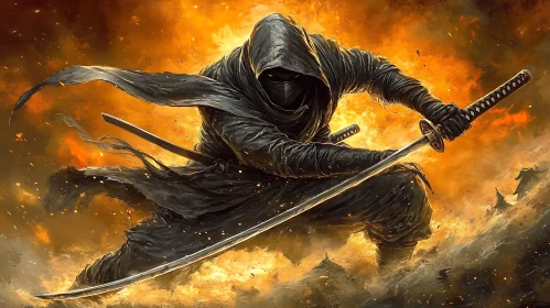 Hooded Warrior in Fiery Battle Stance