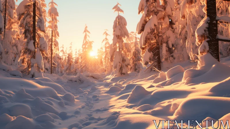 Dreamy Winter Sunset in Snow-covered Forest AI Image