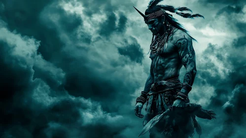 Tribal Warrior Amidst Stormy Skies