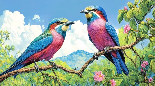 Serene Bird Duo on Flowering Branch