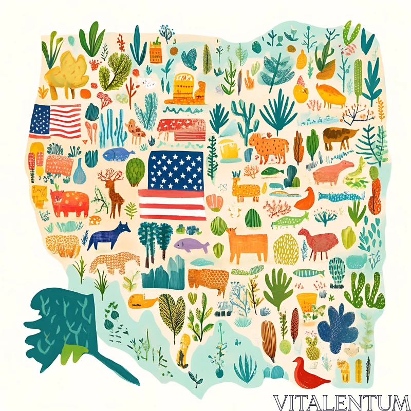 Whimsical Map with Animals and Plants AI Image