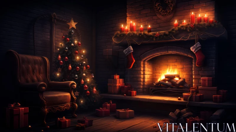 Enchanting Christmas Room with Fireplace and Gifts AI Image