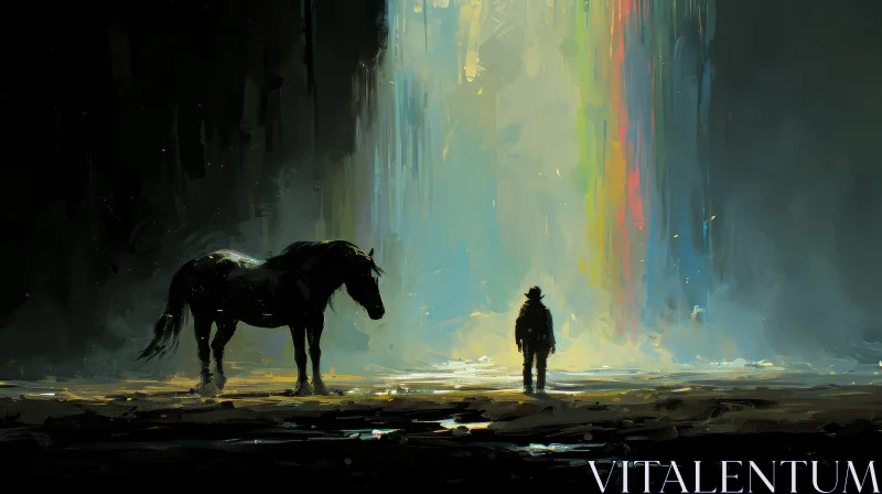 AI ART Enigmatic Painting: Lone Cowboy in a Canyon Under a Rainbow