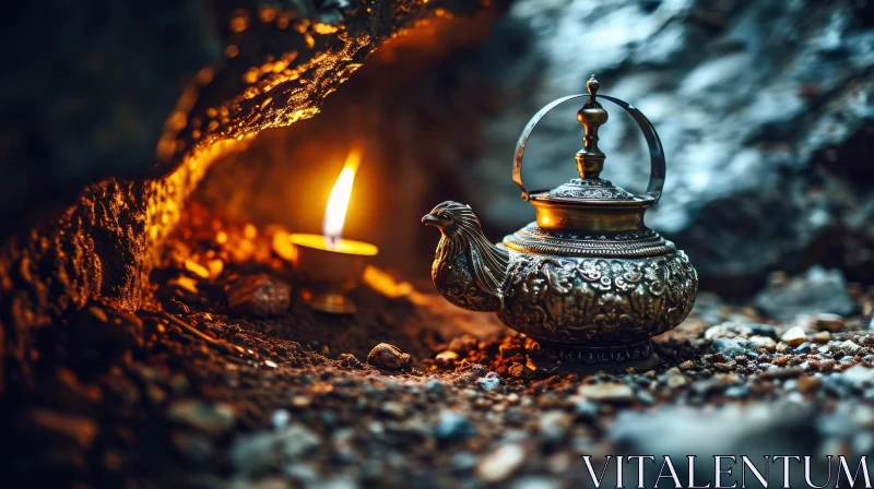Enigmatic Still Life: Silver Teapot in a Mysterious Cave AI Image