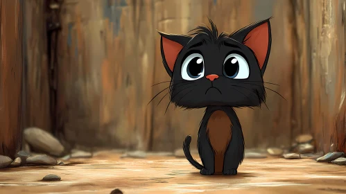 Charming Animated Black Cat in Wooden Setting