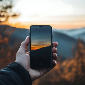 Hand Holding Phone with Sunset View