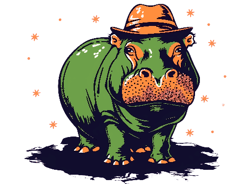 POD Design Green Cartoon Hippopotamus in Orange Fedora - Whimsical T-Shirt Design