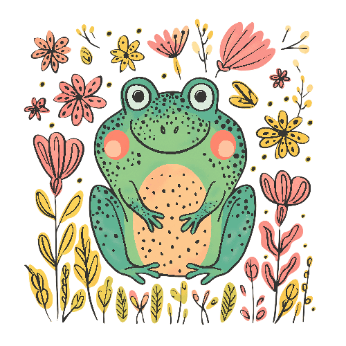 Green Frog and Colorful Flowers Merchandise Design