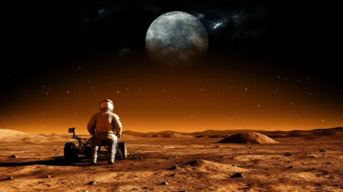 Man in Space Helmet at Mars, Gazing at Moon - Dark Amber Historical Illustration