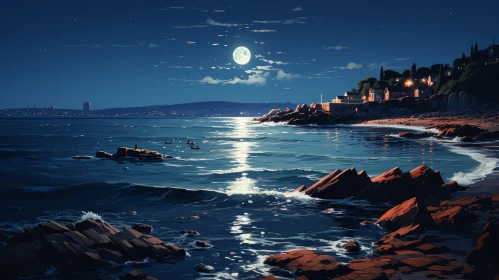 Moonlit Seaside View: A Serene Blend of Traditional Landscapes