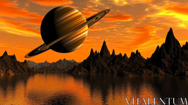Saturn Floating over Water: Exotic Fantasy Landscapes AI Image