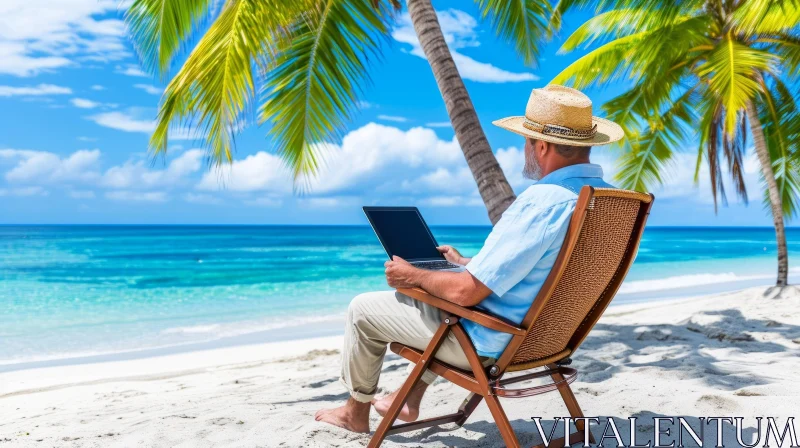 Senior Man at Beach with Laptop Computer | Luxurious Texture-Rich Art AI Image
