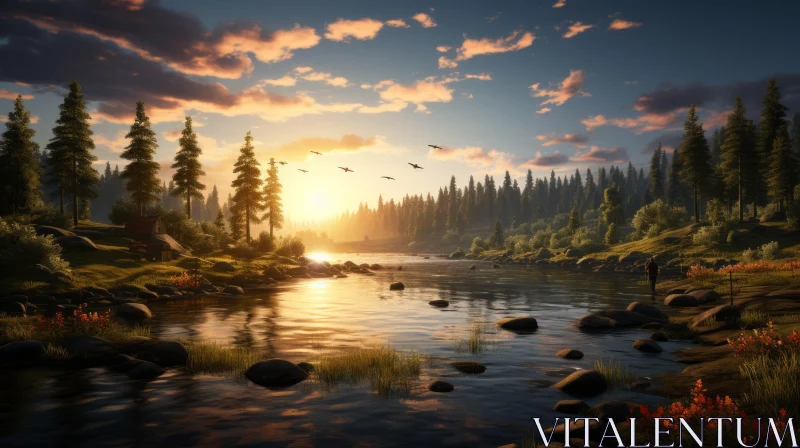 Serene Wildlife Wallpaper: River, Trees, Sunset Landscape | Norwegian Nature AI Image