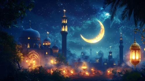 Serene Mosque Under Crescent Moon