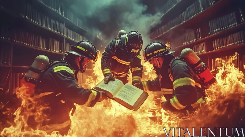 Firefighters Studying a Book Amidst Flames in a Library AI Image