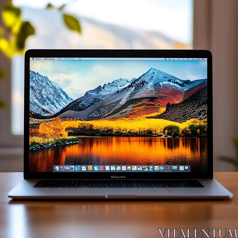 Laptop Displaying Scenic Mountain Wallpaper AI Image