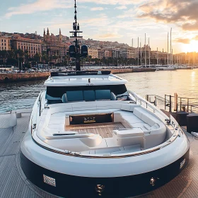 Elegant Yacht Docked Amidst Cityscape