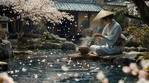 Peaceful Woman in Japanese Garden with Tea