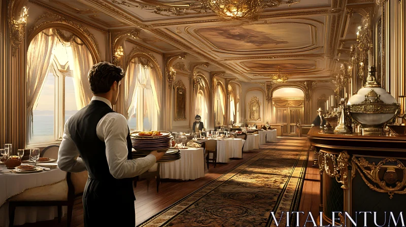 Opulent Restaurant Interior with Waiter and Golden Decor AI Image