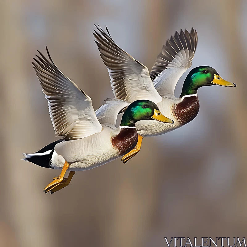 Two Ducks Flying, Bird Photography AI Image